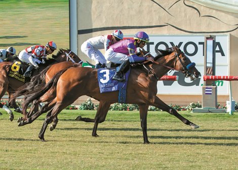 George Krikorian&#39;s Mucho Unusual, outside, outleg Apache Princess (Kent Desormeaux), inside, to win the Grade II, $200,000 San Clemente Stakes, Saturday, July 20, 2019 at Del Mar Thoroughbred Club, Del Mar CA.<br><br />
&#169; BENOIT PHOTO