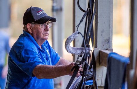 Trainer Jimmy Jerkens keeps an eye on his charges at the Oklahoma Training Center adjacent to the Saratoga Race Course Friday July 12, 2019 in Saratoga Springs, N.Y.