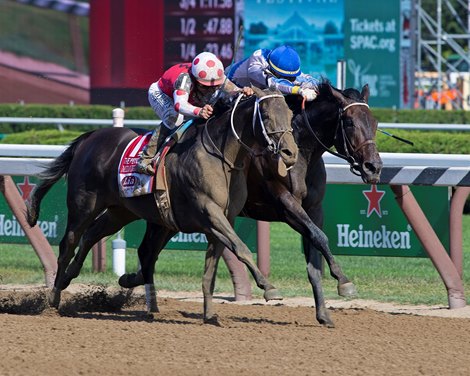 Midnight Bisou with Mike Smith wins the Personal Ensign (G1) presented by Lia Infiniti at Saratoga Race Course in Saratoga Springs, New York, on Aug. 24, 2019.