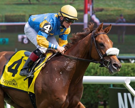 Belle of the Spa with Dylan Davis wins the Yaddo for owner Anthony McCarthy and trainer Bruce Brown.<br><br />
Saratoga on NY Bred race day on Aug. 23, 2019 at Saratoga Race Course in Saratoga Springs, N.Y.