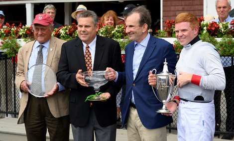 Trainer Jonathan Sheppard, left David Grening, president of the NY Turf Writers, owner Ed Slyer and Jockey Thomas Garner in the winner’s circle after winning the 78th running of The New York Turf Writers Cup with Winston C  Thursday Aug. 22, 2019 at the Saratoga Race Course in Saratoga Springs, N.Y.  