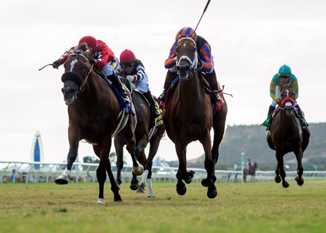 Beau Recall and jockey Drayden Van Dyke , right, outleg Storm the Hill (Rafael Bejarano), left, to win the Grade II, $200,000 Yellow Ribbon Handicap, Saturday, August 3, 2019 at Del Mar Thoroughbred Club, Del Mar CA.<br><br />
&#169; BENOIT PHOTO