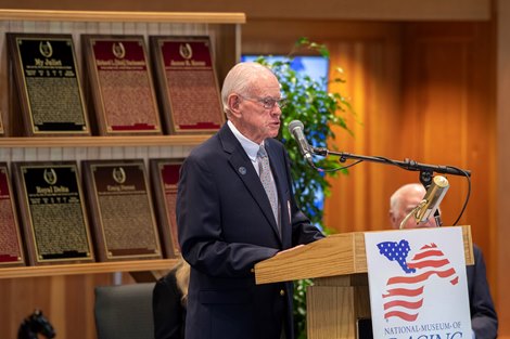 Will Farish makes his acceptance speech at the National Museum of Racing and Hall of Fame Inductions held at the Fasig Tipton sales arena Friday Aug. 2, 2019 in Saratoga Springs, N.Y.  Photo by Skip Dickstein