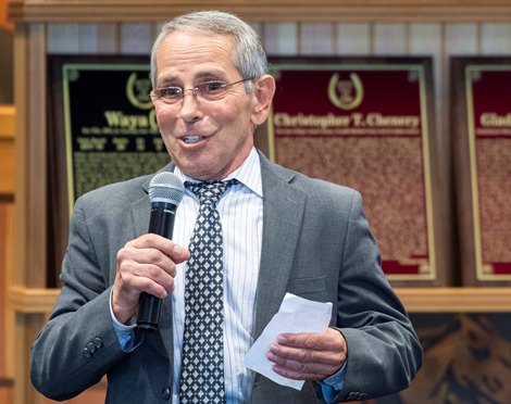 Jockey Tony Black steals the show accepting for My Juliet at the National Museum of Racing and Hall of Fame Inductions held at the Fasig Tipton sales arena Friday Aug. 2, 2019 in Saratoga Springs, N.Y.  Photo by Skip Dickstein