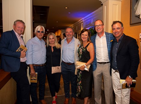 L-R, Henry Field, Bob and Jill Baffert, Mr. and Mrs. Gavin Murphy, Tom Ryan, Donato Lanni. Scenes at Fasig-Tipton Saratoga sale  on Aug. 5, 2019 in Saratoga Springs, N.Y. 