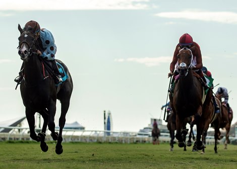 Yesterdayoncemore and jockey Victor Espinoza, left, outleg Croughavouke (Drayden Van Dyke), right, to win the $100,000 Del Mar Juvenile Fillies Turf, Monday, September 2, 2019 at Del Mar Thoroughbred Club, Del Mar CA. &#169; BENOIT PHOTO