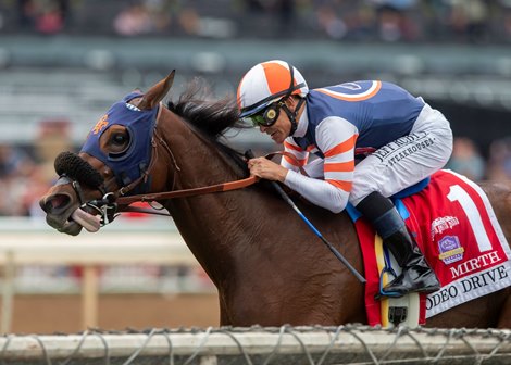 Little Red Feather Racing&#39;s Mirth and jockey Mike Smith win the G1T, $300,000 Rodeo Drive Stakes, Saturday, September 28, 2019 at Santa Anita Park, Arcadia CA.