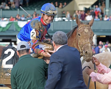 Trainer Neil Pession and Lanerie jube. Bell&#39;s the One with Corey Lanerie wins the Lexus Raven Run (G2) at Keeneland on Oct. 19, 2019 Keeneland in Lexington, Ky. 
