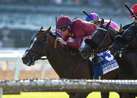 Qatar Racing&#39;s True Valour and jockey Drayden Van Dyke, second from left, prevail in a blanket finish to win the $200,000 G2T City of Hope Mile on Saturday, October 5, 2019 at Santa Anita Park&#39;s in Arcadia, CA.  