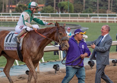 Congratulations for Blue Prize with Joe Bravo wins Distaff at the Breeders' Cup at Santa Anita Park on November 2, 2019 in Arcadia, California Congratulations for Blue Prize with Joe Bravo wins Distaff at the Breeders' Cup at Santa Anita Park on November 2, 2019 in Arcadia, California