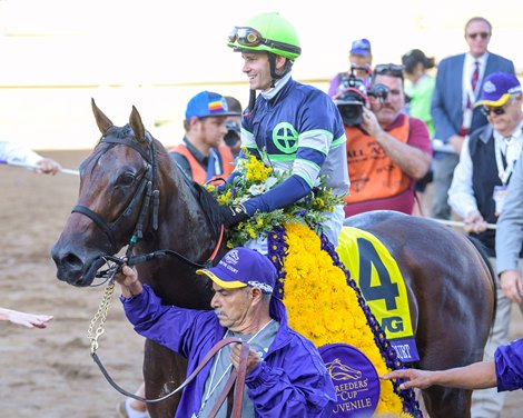 Storm the Court and Flavien Prat win the Breeders&#39; Cup TVG Juvenile (G1) on Nov. 1, 2019 Santa Anita in Arcadia, Ca. 