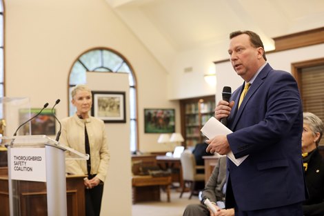 2019 Thoroughbred Safety Coalition with panelists L-R<br><br />
Bill Thomason, President and CEO of Keeneland, Dr. Kathleen Anderson, past president of the AAEP, Kevin Flanery, President of Churchill Downs, Mike Roger, President of Racing of the Stronach Group, Tony Allevato, Chief Revenue Officer, President of NYRA Bets, Drew Fleming, President and CEO of Breeders’ Cup Limited, Dr. William Farmer BC OOC testing Program Director and Veterinary Advisor held at the Keeneland Library in Lexington KY