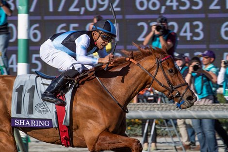 Sharing with Manuel Franco wins the Juvenile Fillies Turf at Santa Anita Park on November 1, 2019 in Arcadia, California. 