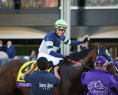 Storm the Court and Flavien Prat win the Breeders&#39; Cup TVG Juvenile  (G1) on Nov. 1, 2019 Santa Anita in Arcadia, Ca.
