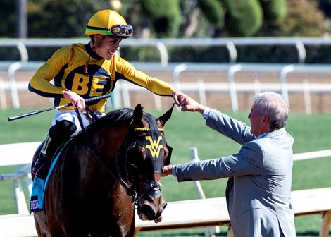 Four Wheel Drive and Irad Ortiz, Jr. with trainer Wesley Ward after winning the Breeders&#39; Cup Juvenile Turf Sprint at Santa Anita Park on November 1, 2019 in Arcadia, California. 