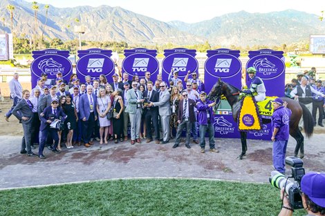 Storm the Court and Flavien Prat win the Breeders&#39; Cup TVG Juvenile (G1) on Nov. 7, 2017 Santa Anita in Arcadia, Ca. 