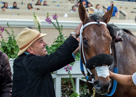 Trainer Peter Miller, left, has a moment with Mo Forza in the winner&#39;s circle after their victory in the G1, $300,000 Hollywood Derby, Saturday, November 30, 2019 at Del Mar Thoroughbred Club, Del Mar CA.