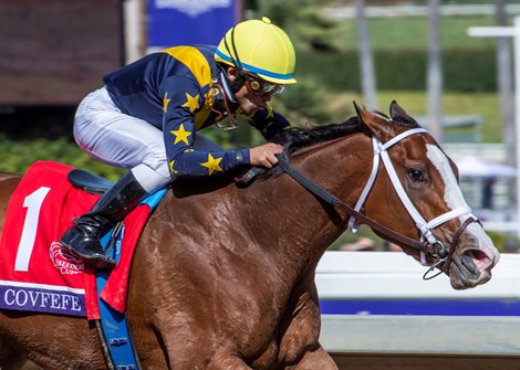 Covfefe with Joel Rosario wins the Filly &amp; Mare Sprint at the Breeders&#39; Cup at Santa Anita Park on November 2, 2019 in Arcadia, California. Photo by Skip Dickstein 