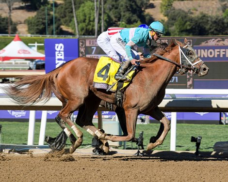 British Idiom and Javier Castellano win the Breeders&#39; Cup Juvenile Fillies (G1) on Nov. 1, 2019 Santa Anita in Arcadia, Ca. 