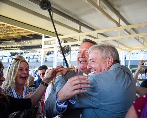 Mike Hall celebrates at the Breeders&#39; Cup Juvenile Turf Sprint (G2) on Nov. 1, 2019 Santa Anita in Arcadia, Ca.
