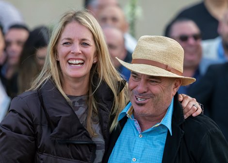 Trainer Peter Miller, right, and wife Lanni Miller, left, celebrate Mo Forza&#39;s victory in the G1, $300,000 Hollywood Derby, Saturday, November 30, 2019 at Del Mar Thoroughbred Club, Del Mar CA.