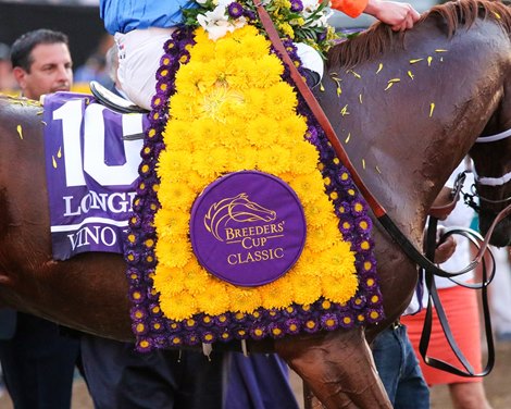 Vino Rosso and Irad Ortiz Jr. win the Breeders&#39; Cup Longines Classic (G1) on Nov. 2, 2019 Santa Anita in Arcadia, Ca.