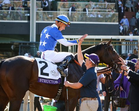 Structor and Jose Ortiz win the Breeders&#39; Cup Juvenile Turf presented by Coolmore America (G1) on Nov. 1, 2019 Santa Anita in Arcadia, Ca.