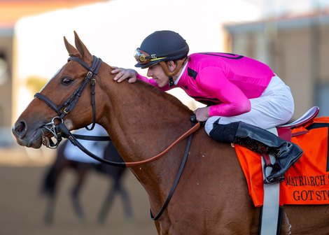 Jockey Tyler Gaffalione guides Got Stormy to the winner&#39;s circle after their victory in the G1, $300,000 Matriarch Stakes, Sunday, December 1, 2019 at Del Mar Thoroughbred Club, Del Mar CA.