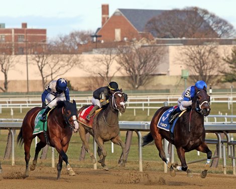 Spiced Perfection (#3) with Javier Castellano pull away in the stretch from Saguaro Row (#5) with Joel Rosario and Needs Supervision (#1) with Jose Ortiz in the 80th Running of The Go For Wand (GIII) at Aqueduct on December 7, 2019