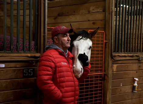 Danny Caldwell and Southern Phantom in the barn at Remington Park on December 14, 2019.