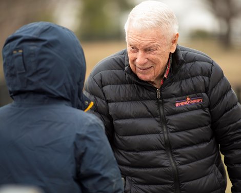 B. Wayne Hughes, right, talks with a breeder. Omaha Beach parades for media, breeders and fans on Jan. 28, 2020 Spendthrift Farm in Lexington, KY. 