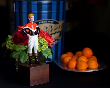 Glen Hill Farm consignment with farm silks jockey statue, oranges from Florida and Garretts famous popcorn. Scenes during the Keeneland January sales on Jan. 11, 2020 Keeneland in Lexington, KY. 