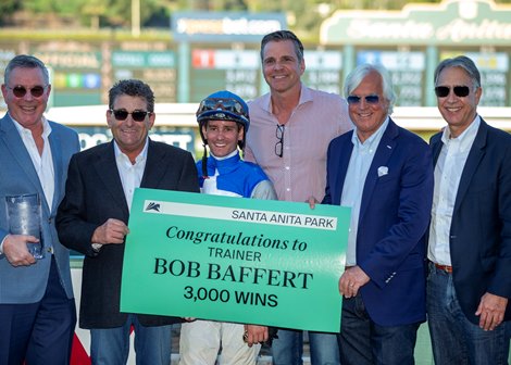 Thousand Words and jockey Flavien Prat win the Grade III $200,000 Robert B. Lewis Stakes, giving trainer Bob Baffert, second from right, his 3,000th win, Saturday, February 1, 2020 at Santa Anita Park, Arcadia CA.<br><br />
&#169; BENOIT PHOTO