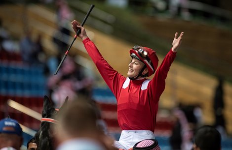 Sibylle Vogt becomes the 2nd female jockey to win a race in Saudi Arabia after her horse Sabeq’hom won the final leg of the International Jockeys Challenge<br><br />
King Abdulaziz racetrack, Riyadh 28.2.20 Pic: Edward Whitaker