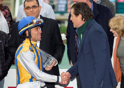 Co-owner George Bolton, right, celebrates with jockey Joel Rosario, left, after Nadal&#39;s victory in the Grade II, $200,000 San Vicente Stakes, Sunday, February 9, 2020 at Santa Anita Park, Arcadia CA.<br><br />
&#169; BENOIT PHOTO