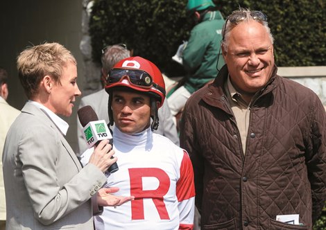 Donna Barton interviews Joel Rosario with his agent Ron Anderson on the right, after breaking the record for wins by a jockey during a Keeneland Spring Meet. 2013 Keeneland Spring Meet.