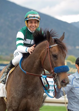 Jockey Victor Espinoza guides Flagstaff to the winner&#39;s circle after their victory in the G2, $200,000 San Carlos Stakes, Saturday, March 7, 2020 at Santa Anita Park, Arcadia CA.