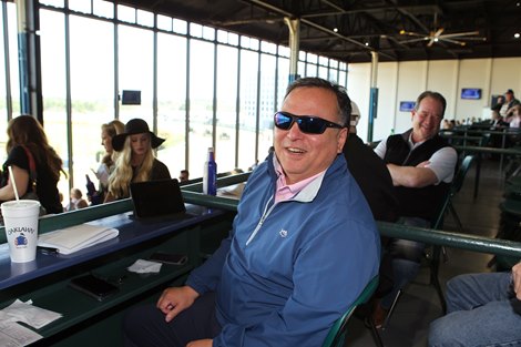 March 7, 2020: Michael Hui in his box at Oaklawn Racing Casino Resort in Hot Springs, Arkansas. &#169;Justin Manning