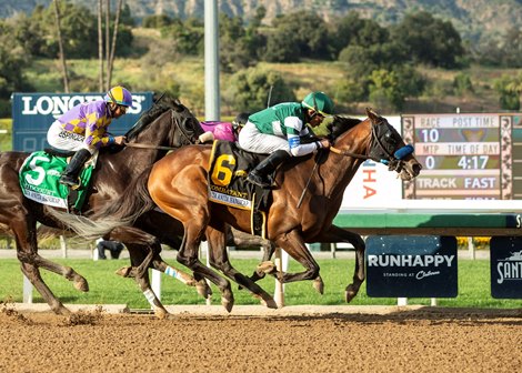 Hronis Racing&#39;s Combatant and jockey Joel Rosario, right, outleg Midcourt (Victor Espinoza), left, and Multiplier (Tyler Gaffalione), inside, to win the Grade I, $600,000 Santa Anita Handicap, Saturday, March 7, 2020 at Santa Anita Park, Arcadia CA. &#169; BENOIT PHOTO