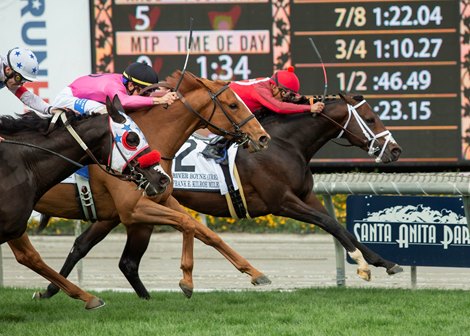 River Boyne and jockey Abel Cedillo, right, outleg, Next Shares (Flavien Prat), left, and Got Stormy (Tyler Gaffalione), second from left, to win the G1, $400,000 Frank E. Kilroe Mile, Saturday, March 7, 2020 at Santa Anita Park, Arcadia CA.