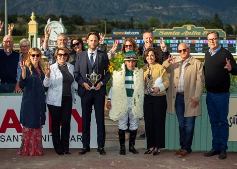 Hronis Racing&#39;s Combatant and jockey Joel Rosario, right, outleg Midcourt (Victor Espinoza), left, and Multiplier (Tyler Gaffalione), inside, to win the Grade I, $600,000 Santa Anita Handicap, Saturday, March 7, 2020 at Santa Anita Park, Arcadia CA.<br><br />
&#169; BENOIT PHOTO