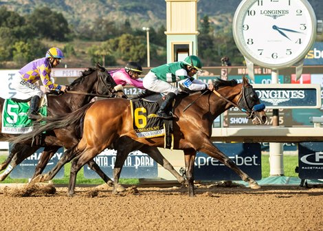 Hronis Racing&#39;s Combatant and jockey Joel Rosario, right, outleg Midcourt (Victor Espinoza), left, and Multiplier (Tyler Gaffalione), inside, to win the Grade I, $600,000 Santa Anita Handicap, Saturday, March 7, 2020 at Santa Anita Park, Arcadia CA.<br><br />
&#169; BENOIT PHOTO
