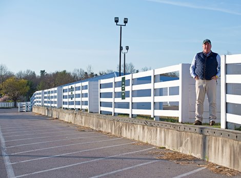 Wayne Mogge, Stable Manager, standing on unloading dock where it would be very busy with new arrivals.<br><br />
Behind the Scenes at Keeneland during Covid19 virus and the people, horses, and essentials needed to take care of race horses on April 2, 2020 Keeneland in Lexington, KY. 