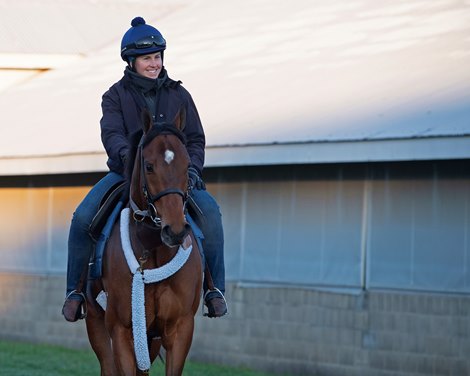 Kelly Wheeler, assistant trainer to Eddie Kenneally, on Applicator.<br><br />
Behind the Scenes at Keeneland during Covid19 virus and the people, horses, and essentials needed to take care of race horses on April 2, 2020 Keeneland in Lexington, KY. 