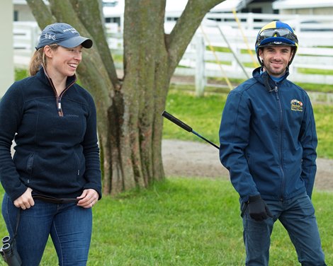 L-R: Liz Crow and Florent Geroux<br><br />
Keeneland scenes and horses on April 25, 2020 Keeneland in Lexington, KY. 