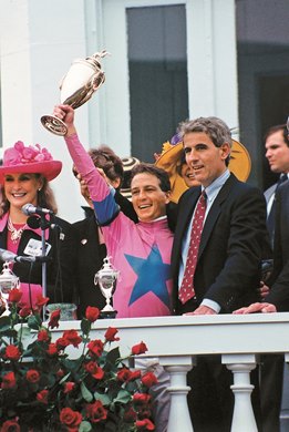 Chris Antley with trainer Nick Zito after Strike the Gold&#39;s Kentucky Derby win in 1991