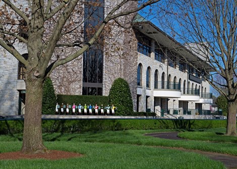 Saddling area and jockey statues representing the 2019 stakes winners Behind the Scenes at Keeneland during Covid19 virus and the people, horses, and essentials needed to take care of race horses on April 2, 2020 Keeneland in Lexington, KY. 