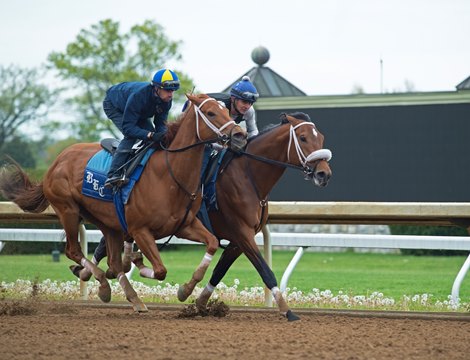 Monomoy Girl, left, with Florent Geroux, and Owendale (inside) with Mario Garcia work<br><br />
Keeneland scenes and horses on April 25, 2020 Keeneland in Lexington, KY. 