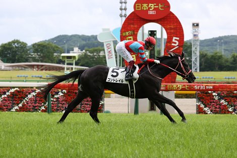 Contrail winning 2020 Tokyo Yushun (Japan Derby) (G1) at Tokyo Racecourse, Sunday, May 31st, 2020. Contrail was ridden by Yuichi Fukunaga, and trained by Yoshito Yahagi.