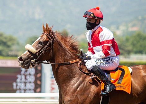 Jockey Mike Smith guides Jolie Olimpica to the winner&#39;s circle after their victory in the Grade II, $200,000 Monrovia Stakes, Monday, May 25, 2020 at Santa Anita Park, Arcadia CA.<br><br />
